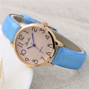 Cute Minimalist Design Dial Artificial Leather Women Wrist Watch - Blue