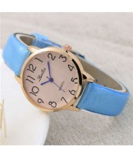 Cute Minimalist Design Dial Artificial Leather Women Wrist Watch - Blue