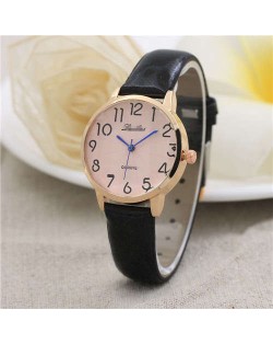 Cute Minimalist Design Dial Artificial Leather Women Wrist Watch - Black