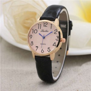 Cute Minimalist Design Dial Artificial Leather Women Wrist Watch - Black