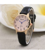 Cute Minimalist Design Dial Artificial Leather Women Wrist Watch - Black