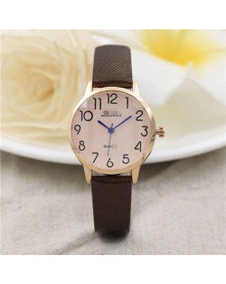 Cute Minimalist Design Dial Artificial Leather Women Wrist Watch - Brown