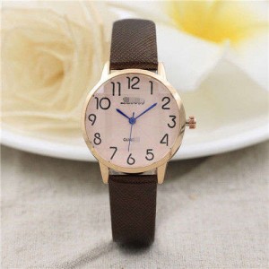 Cute Minimalist Design Dial Artificial Leather Women Wrist Watch - Brown