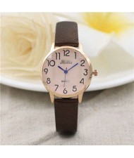 Cute Minimalist Design Dial Artificial Leather Women Wrist Watch - Brown