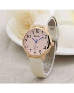 Cute Minimalist Design Dial Artificial Leather Women Wrist Watch - White