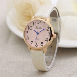 Cute Minimalist Design Dial Artificial Leather Women Wrist Watch - White