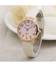 Cute Minimalist Design Dial Artificial Leather Women Wrist Watch - White