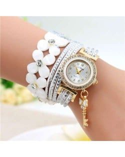 Lucky Flower and Chain Mixed Design Key Pendant Bracelet Style Wholesale Women Watch - White