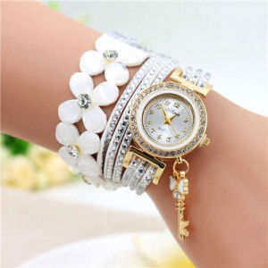 Lucky Flower and Chain Mixed Design Key Pendant Bracelet Style Wholesale Women Watch - White