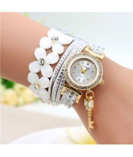 Lucky Flower and Chain Mixed Design Key Pendant Bracelet Style Wholesale Women Watch - White