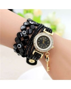 Lucky Flower and Chain Mixed Design Key Pendant Bracelet Style Wholesale Women Watch - Black