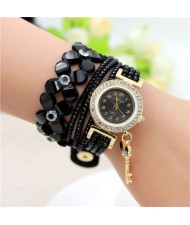 Lucky Flower and Chain Mixed Design Key Pendant Bracelet Style Wholesale Women Watch - Black