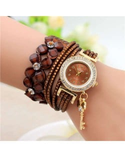 Lucky Flower and Chain Mixed Design Key Pendant Bracelet Style Wholesale Women Watch - Brown