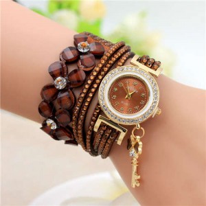 Lucky Flower and Chain Mixed Design Key Pendant Bracelet Style Wholesale Women Watch - Brown