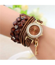 Lucky Flower and Chain Mixed Design Key Pendant Bracelet Style Wholesale Women Watch - Brown