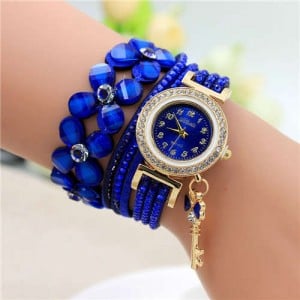 Lucky Flower and Chain Mixed Design Key Pendant Bracelet Style Wholesale Women Watch - Royal Blue