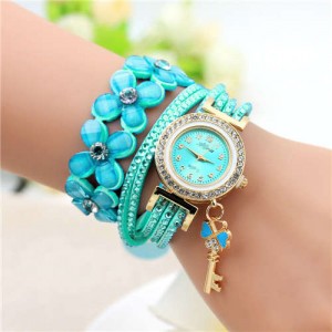 Lucky Flower and Chain Mixed Design Key Pendant Bracelet Style Wholesale Women Watch - Mint Green