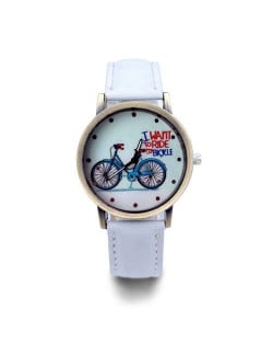 Bike Pattern Design Student Fashion Leather Wholesale Wrist Watch - White