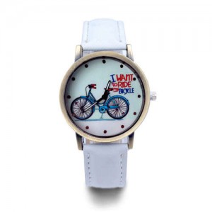 Bike Pattern Design Student Fashion Leather Wholesale Wrist Watch - White
