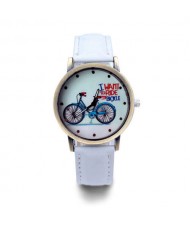 Bike Pattern Design Student Fashion Leather Wholesale Wrist Watch - White