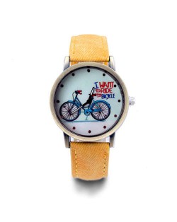 Bike Pattern Design Student Fashion Leather Wholesale Wrist Watch - Yellow