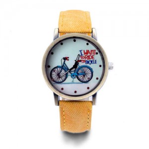 Bike Pattern Design Student Fashion Leather Wholesale Wrist Watch - Yellow