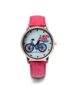 Bike Pattern Design Student Fashion Leather Wholesale Wrist Watch - Red