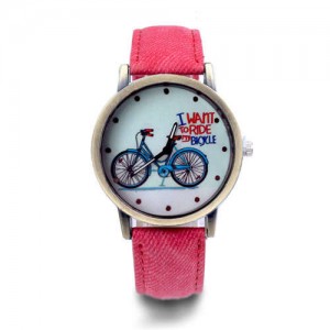 Bike Pattern Design Student Fashion Leather Wholesale Wrist Watch - Red