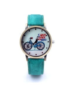 Bike Pattern Design Student Fashion Leather Wholesale Wrist Watch - Green