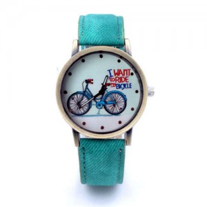 Bike Pattern Design Student Fashion Leather Wholesale Wrist Watch - Green