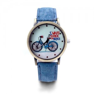 Bike Pattern Design Student Fashion Leather Wholesale Wrist Watch - Blue