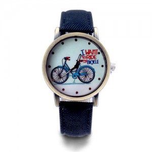 Bike Pattern Design Student Fashion Leather Wholesale Wrist Watch - Black