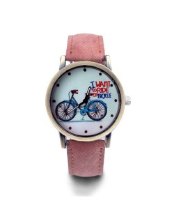 Bike Pattern Design Student Fashion Leather Wholesale Wrist Watch - Brown