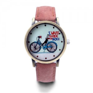 Bike Pattern Design Student Fashion Leather Wholesale Wrist Watch - Brown