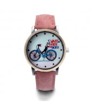 Bike Pattern Design Student Fashion Leather Wholesale Wrist Watch - Brown