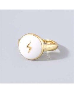 Street Fashion Oil-spot Glazed Round Shape Lightning Design Women Wholesale Hip-hop Ring - White