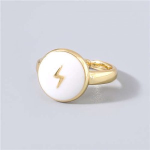 Street Fashion Oil-spot Glazed Round Shape Lightning Design Women Wholesale Hip-hop Ring - White