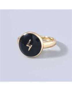 Street Fashion Oil-spot Glazed Round Shape Lightning Design Women Wholesale Hip-hop Ring - Black