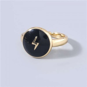 Street Fashion Oil-spot Glazed Round Shape Lightning Design Women Wholesale Hip-hop Ring - Black