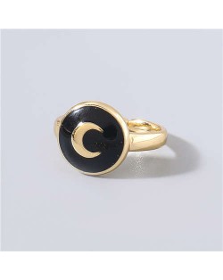 Street Fashion Oil-spot Glazed Round Shape Moon Design Women Hip-hop Ring - Black