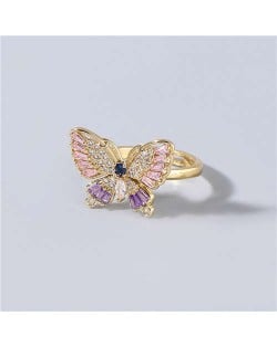 Super Shining Rhinestone Embellished Gorgeous Butterfly High Fashion Women Wholesale Costume Ring - Pink