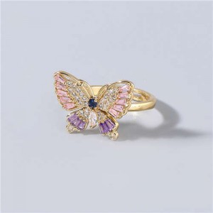 Super Shining Rhinestone Embellished Gorgeous Butterfly High Fashion Women Wholesale Costume Ring - Pink