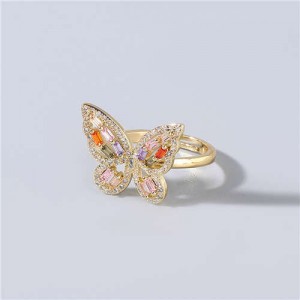 Super Shining Rhinestone Embellished Gorgeous Butterfly High Fashion Women Wholesale Costume Ring - Multicolor