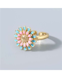 Adorable Sweet Flower Korean Fashion Women Oil-spot Glazed Wholesale Open-end Ring - Pink and Blue