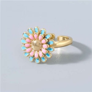 Adorable Sweet Flower Korean Fashion Women Oil-spot Glazed Wholesale Open-end Ring - Pink and Blue