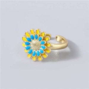 Adorable Sweet Flower Korean Fashion Women Oil-spot Glazed Wholesale Open-end Ring - Blue and Yellow