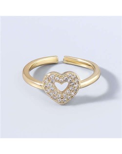 Korean Fashion Hollow Heart Shape Rhinestone Rimmed Design Women Open-end Wholesale Costume Ring