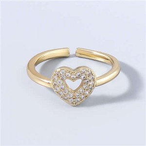 Korean Fashion Hollow Heart Shape Rhinestone Rimmed Design Women Open-end Wholesale Costume Ring