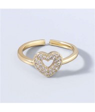 Korean Fashion Hollow Heart Shape Rhinestone Rimmed Design Women Open-end Wholesale Costume Ring
