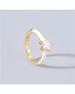 Rhinestone Inlaid Classic Pentagram Design Party Fashion Bling Style Open-end Costume Ring - White